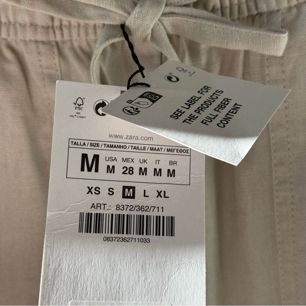 Zara Beige Oatmeal Linen Blend Tapered Leg High Rise Pants 25” Women’s Medium - Picture 9 of 12
